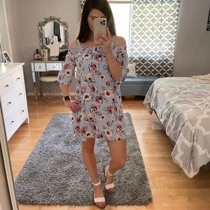 Off shoulder long sleeve blue and white dress